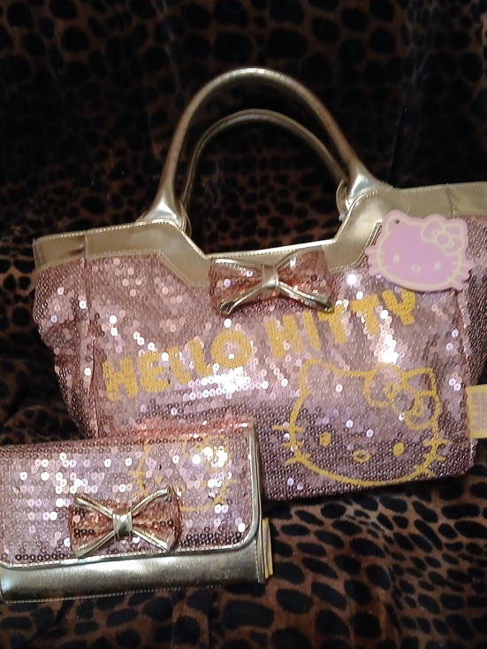Hello Kitty Handbags - Hello Kitty Pink Sequin Tote Bag with Gold Trim and Matching Wallet